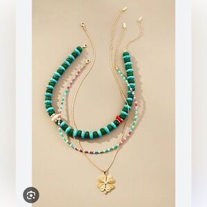 🍀NWT Anthropologie Lucky Clover Shades of Sea Triple-Layer Necklace